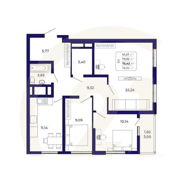 3-комн. квартира, 75,42 м²в ЖК «Паруса»