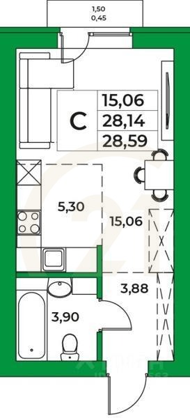Студия, 28,59 м²