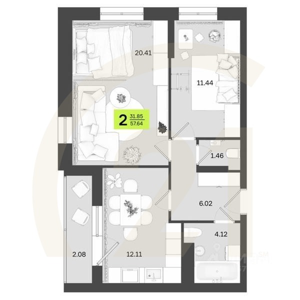 2-комн. квартира, 57,64 м²в ЖК «Новый Фамильный»