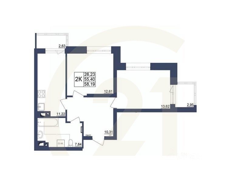 2-комн. квартира, 57,94 м²