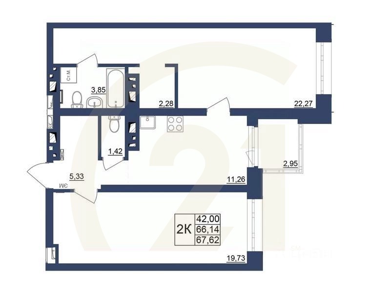 2-комн. квартира, 67,62 м²в ЖК «Космос»