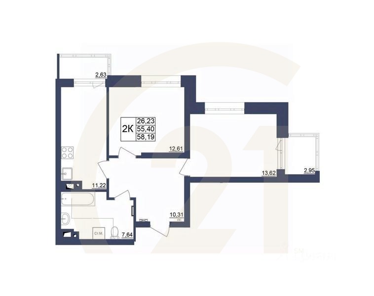 2-комн. квартира, 58,43 м²в ЖК «Космос»