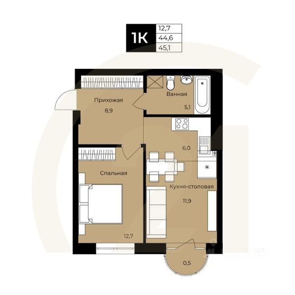 1-комн. квартира, 44,6 м²в ЖК «Ленинские высотки»