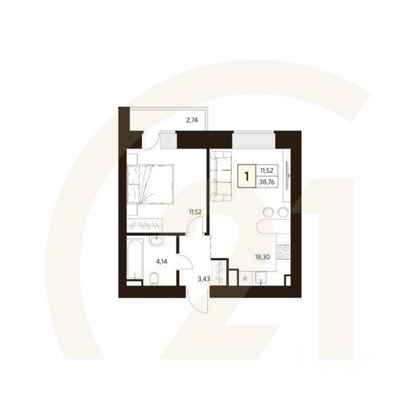1-комн. квартира, 39,74 м²в ЖК «MATUR»