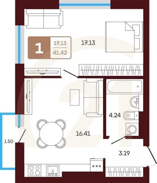1-комн, 41,42 м²в ЖК «ЯРАТАУ»