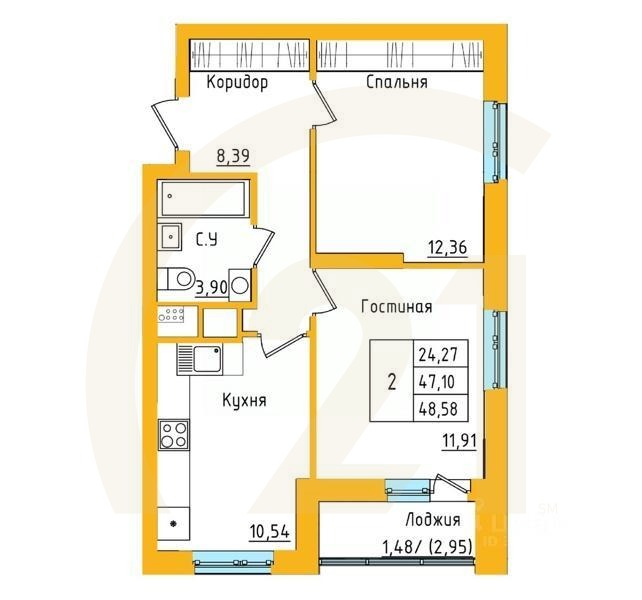 2-комн. квартира, 48,45 м²