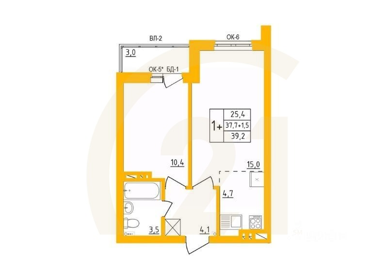 1-комн. квартира, 39,6 м²