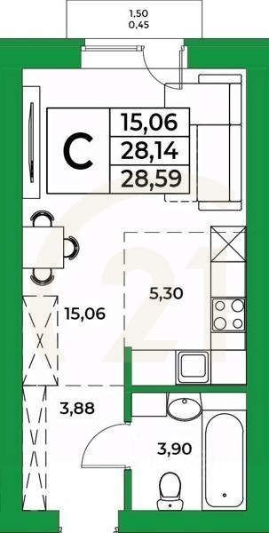 Студия, 28,59 м²