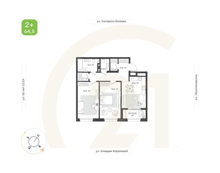 2-комн. квартира, 64,5 м²в ЖК «Бионика Парк»