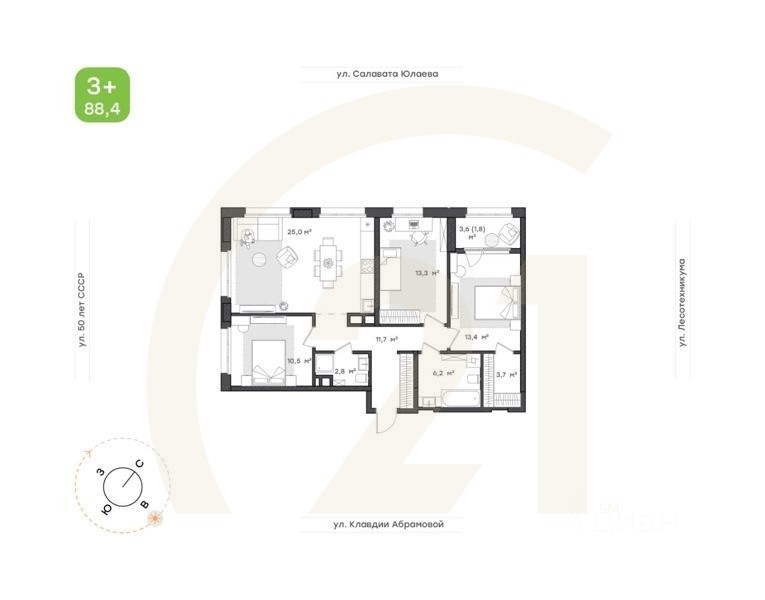 3-комн. квартира, 88,4 м²в ЖК «Бионика Парк»