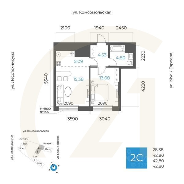 2-комн. квартира, 42,8 м²в ЖК «8 NEBO»