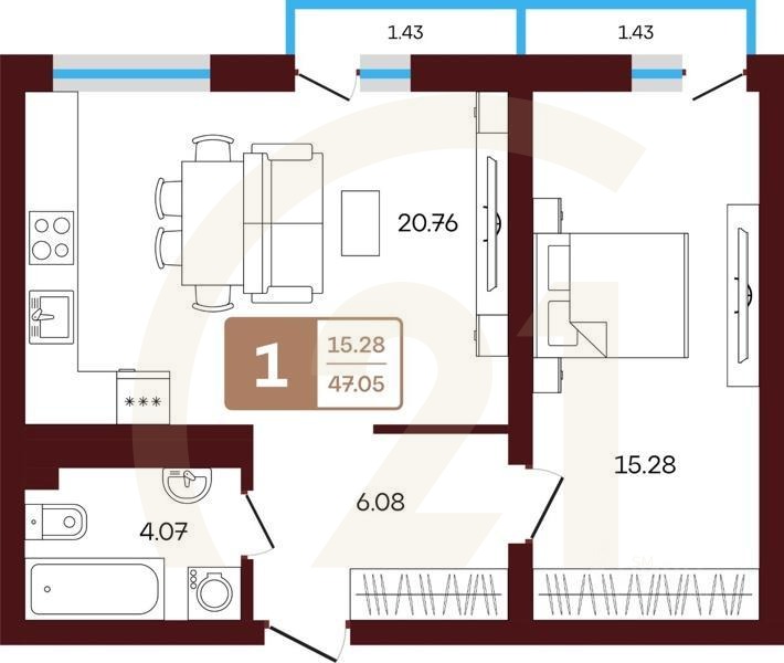 1-комн, 47,05 м²в ЖК «ЯРАТАУ»