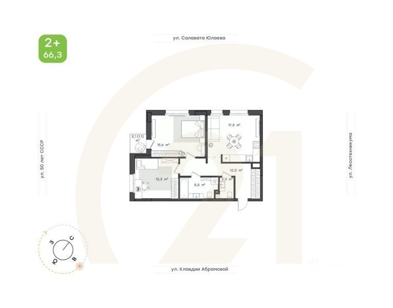 2-комн. квартира, 66,3 м²в ЖК «Бионика Парк»