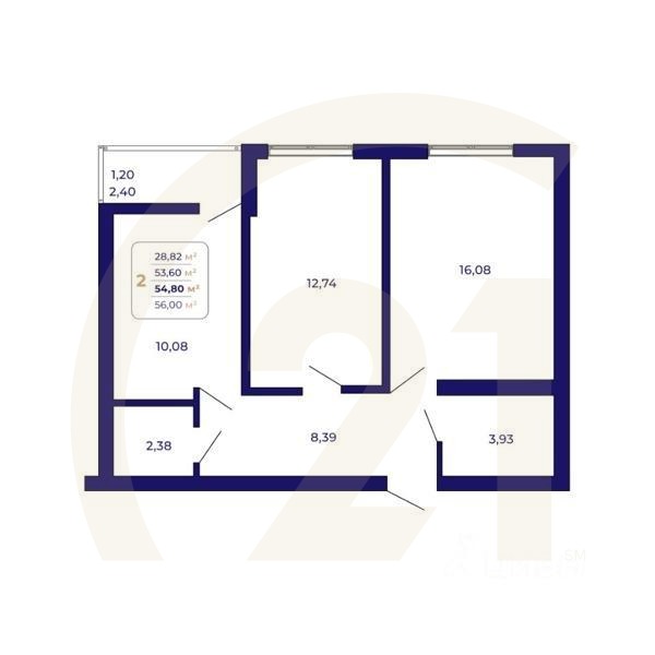 2-комн. квартира, 54,8 м²в ЖК «Паруса»