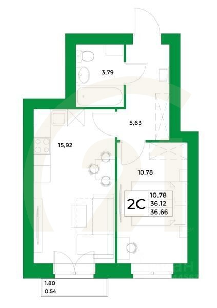 2-комн, 36,66 м²