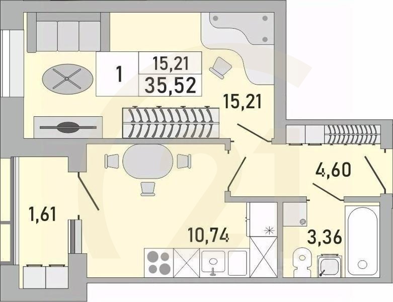 1-комн. квартира, 35,52 м²в ЖК «Платинум»