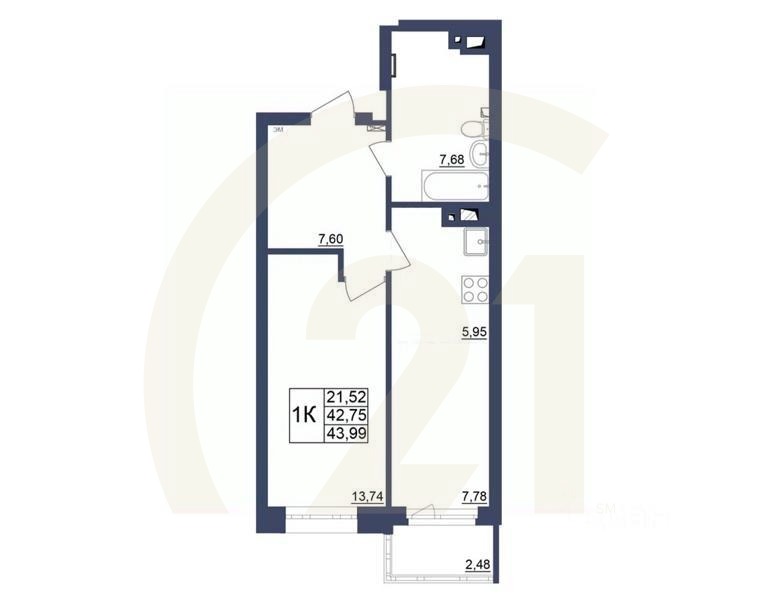 1-комн. квартира, 44,11 м²