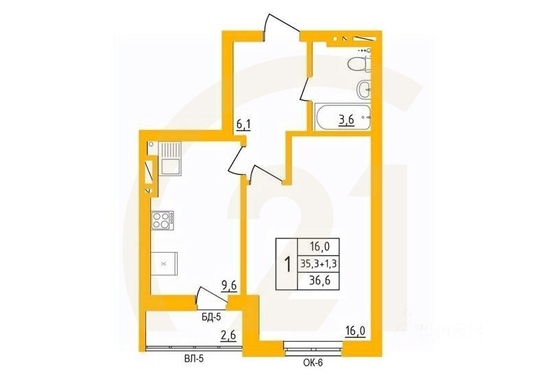 1-комн. квартира, 36,7 м²