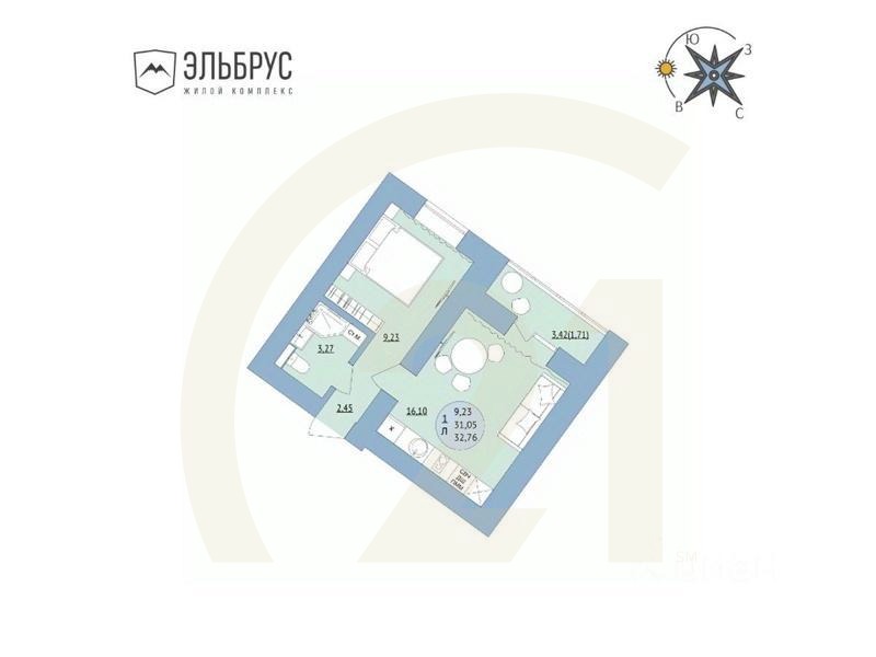 1-комн. квартира, 32,76 м²в ЖК «Эльбрус»