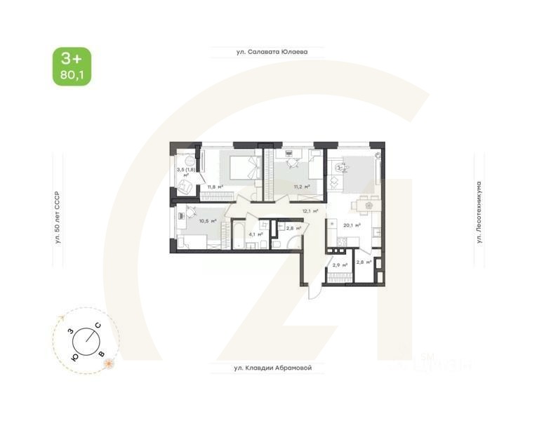 3-комн. квартира, 80,1 м²в ЖК «Бионика Парк»