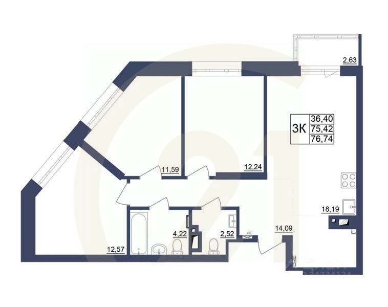 3-комн. квартира, 76,33 м²в ЖК «Космос»