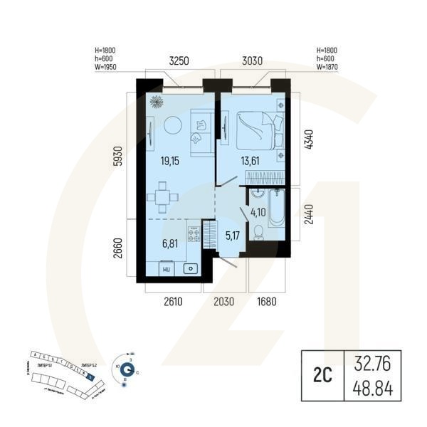 2-комн. квартира, 48,84 м²в ЖК «Новатор»
