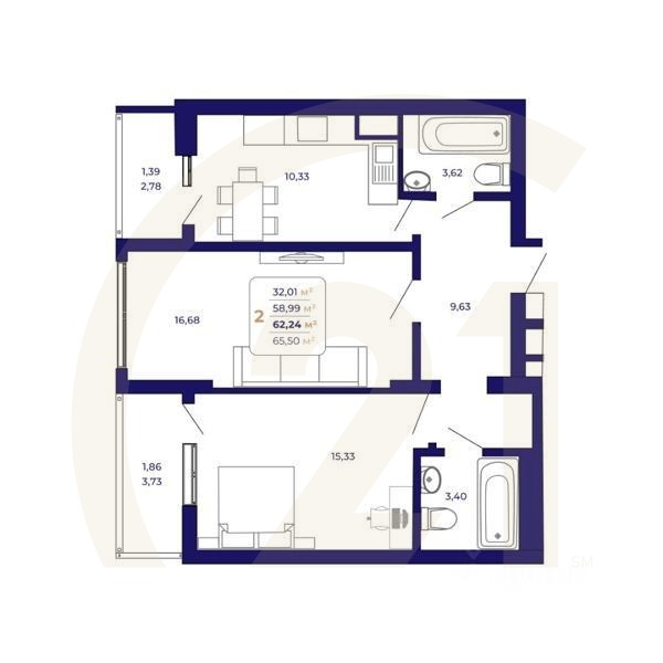 2-комн. квартира, 62,24 м²в ЖК «Паруса»