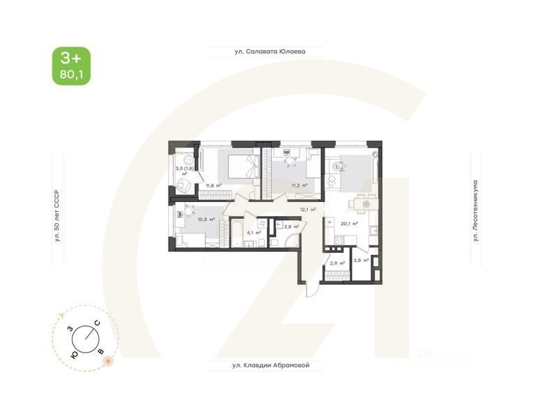 3-комн. квартира, 80,1 м²в ЖК «Бионика Парк»