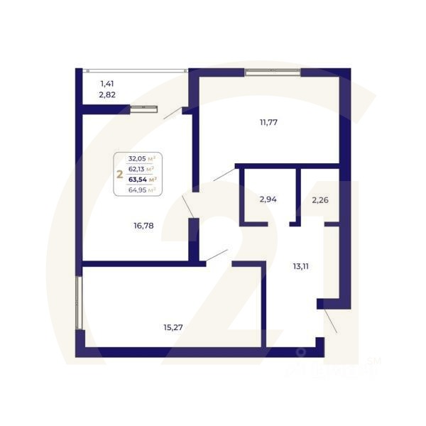 2-комн. квартира, 63,54 м²в ЖК «Паруса»