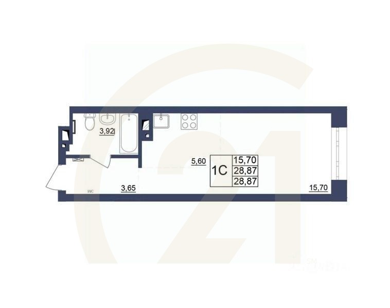 1-комн, 28,87 м²в ЖК «Космос»