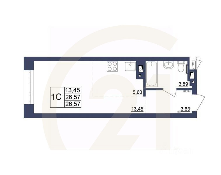 1-комн, 26,75 м²в ЖК «Космос»
