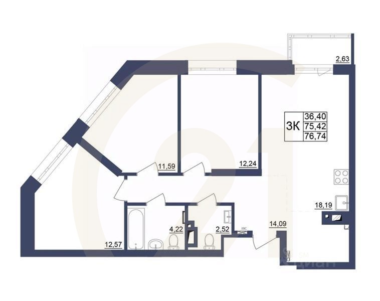 3-комн. квартира, 77,02 м²в ЖК «Космос»