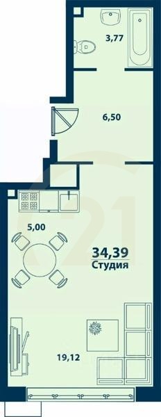 Студия, 34,39 м²в ЖК «Город природы»