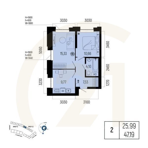 2-комн. квартира, 47,19 м²в ЖК «Новатор»