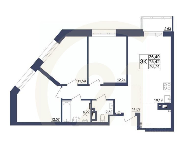 3-комн. квартира, 76,64 м²в ЖК «Космос»