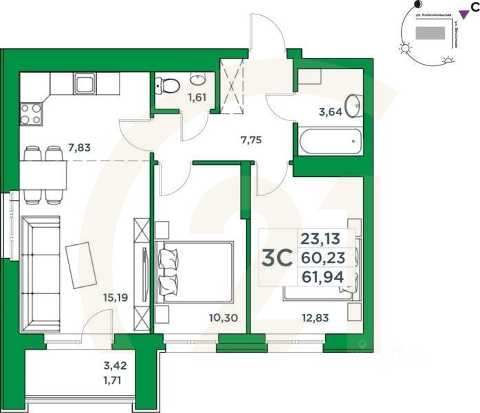 3-комн, 60,23 м²в ЖК «Сапфир»