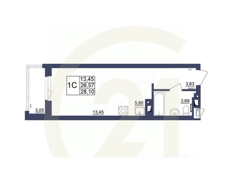 1-комн, 26,97 м²