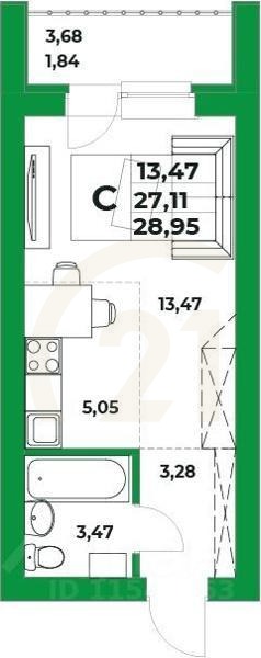 Студия, 27,11 м²