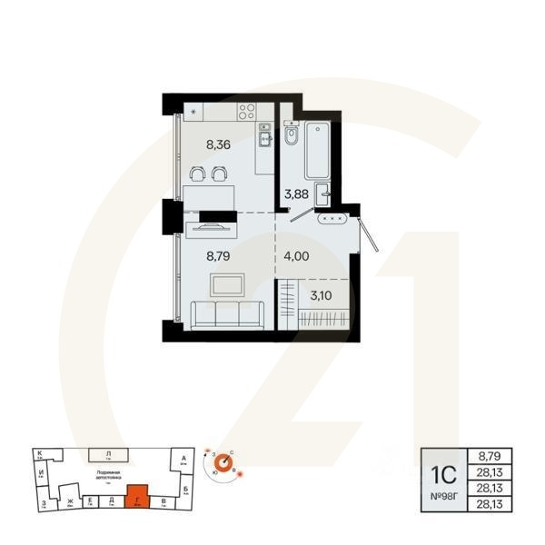 1-комн. квартира, 28,13 м²в ЖК «Первый остров»
