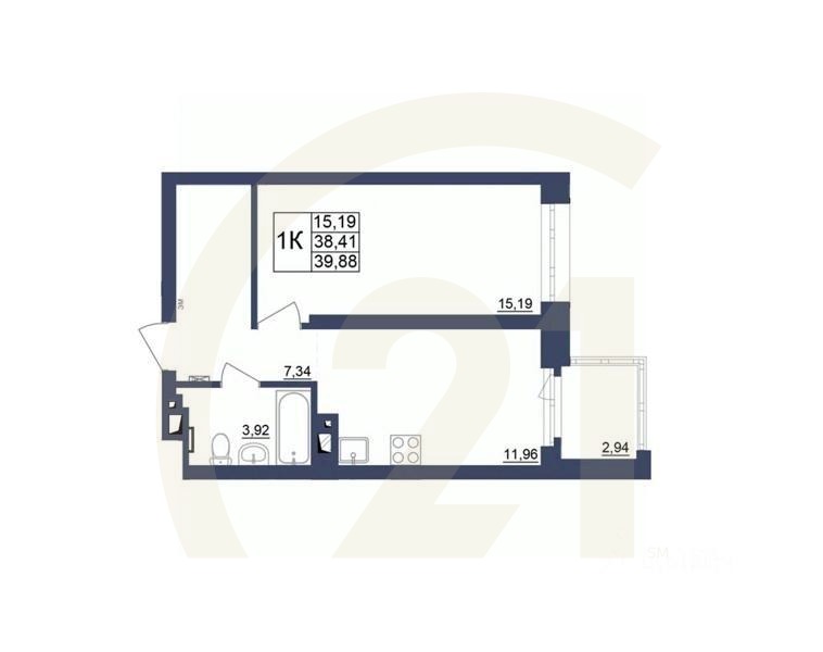 1-комн. квартира, 39,88 м²в ЖК «Космос»