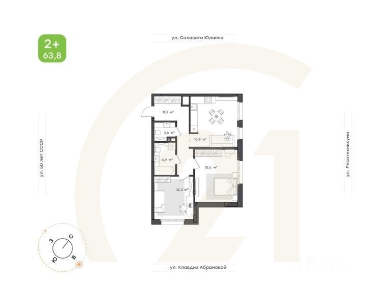 2-комн. квартира, 63,8 м²в ЖК «Бионика Парк»