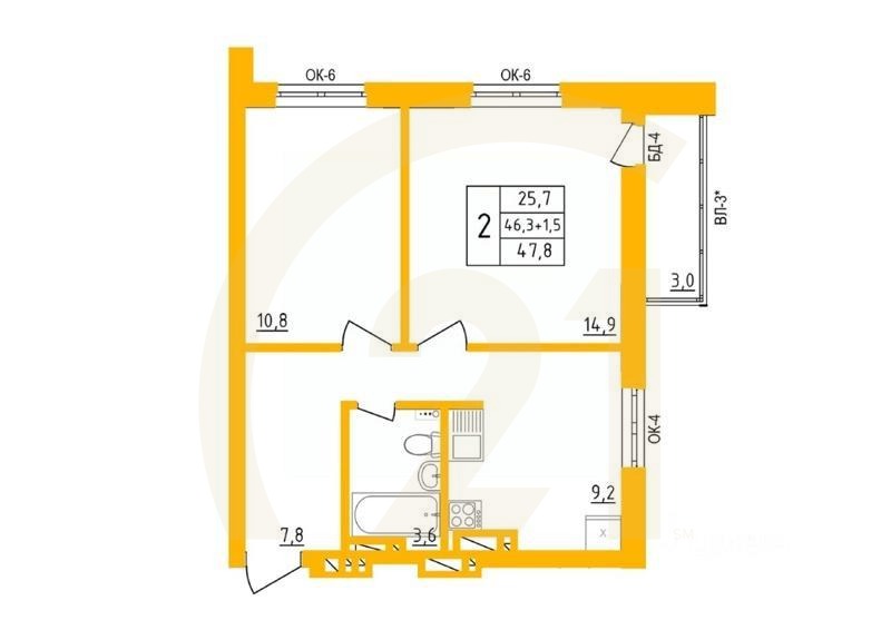 2-комн. квартира, 47,8 м²