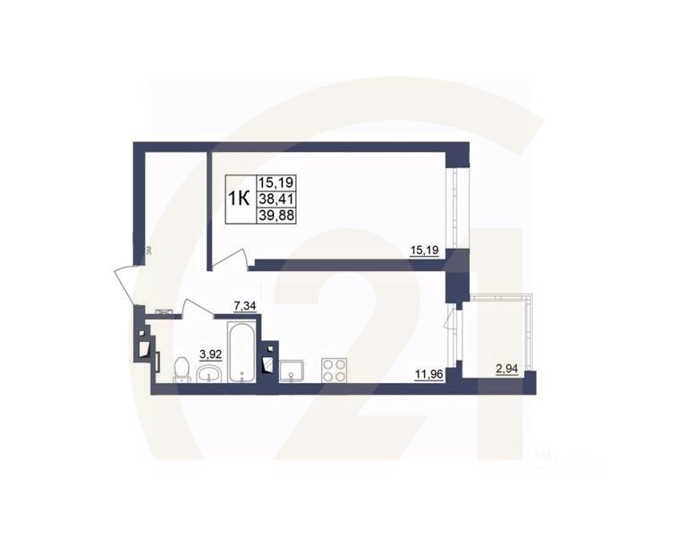1-комн. квартира, 39,7 м²в ЖК «Космос»