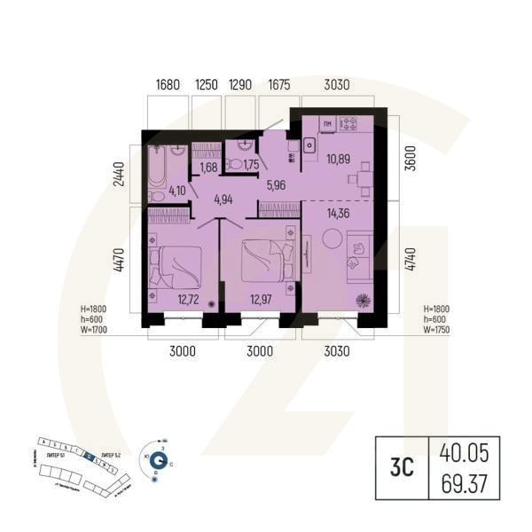 3-комн. квартира, 69,37 м²в ЖК «Новатор»