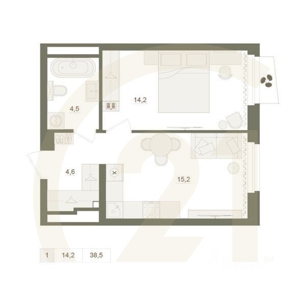 1-комн. квартира, 38,5 м²в ЖК «Квартал «Родина Парк»