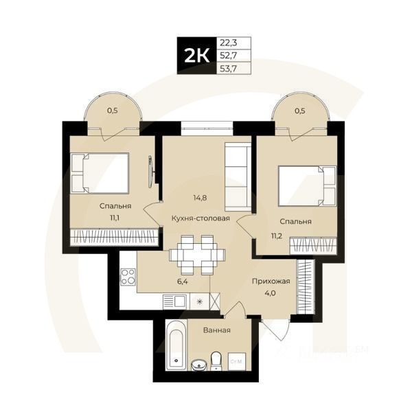 2-комн. квартира, 52,7 м²в ЖК «Ленинские высотки»