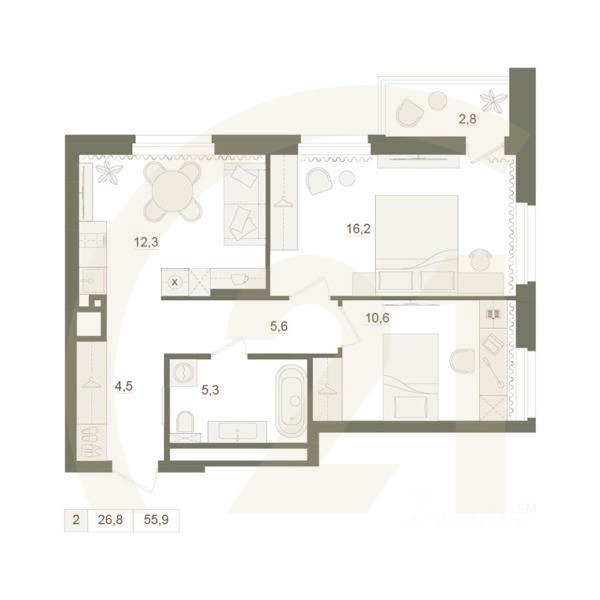 2-комн. квартира, 55,9 м²в ЖК «Квартал «Родина Парк»