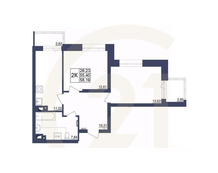 2-комн. квартира, 57,98 м²