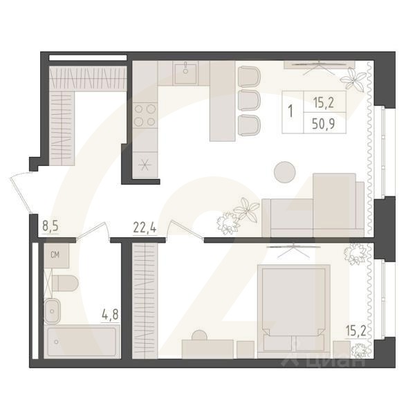 1-комн. квартира, 50,9 м²в ЖК «Новый Империал»