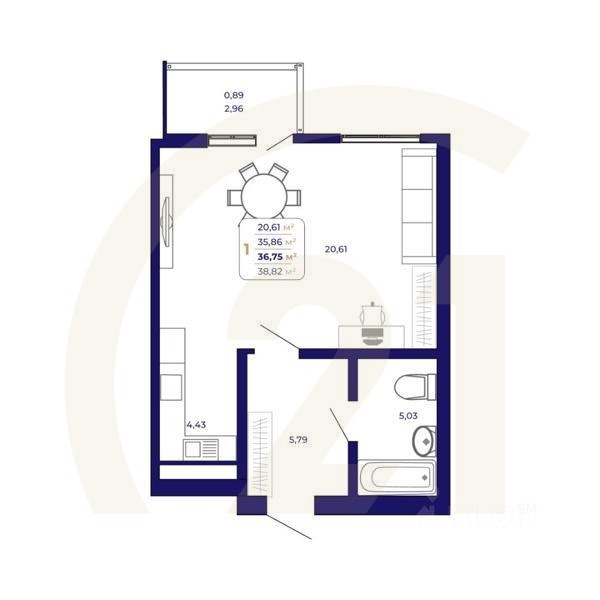 1-комн. квартира, 36,75 м²в ЖК «Паруса»